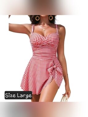Womens Red White Gingham One Piece Swimsuit Bathing Suit Swim Skirt Size Large